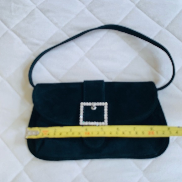 Black real suede leather evening purse clutch square buckle w shiny rhinestones - Picture 6 of 8